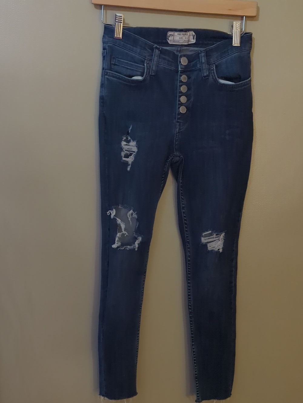 Free People Dark Blue Distressed High-Rise Skinny Jeans